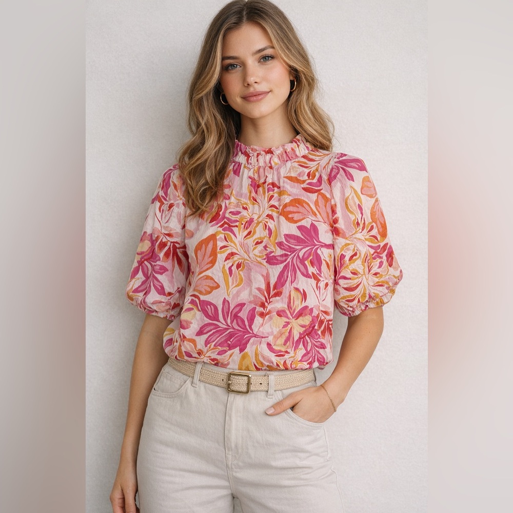 THML Floral Puff Sleeve Blouse Medium Pink Orange Tropical Ruffle Neck